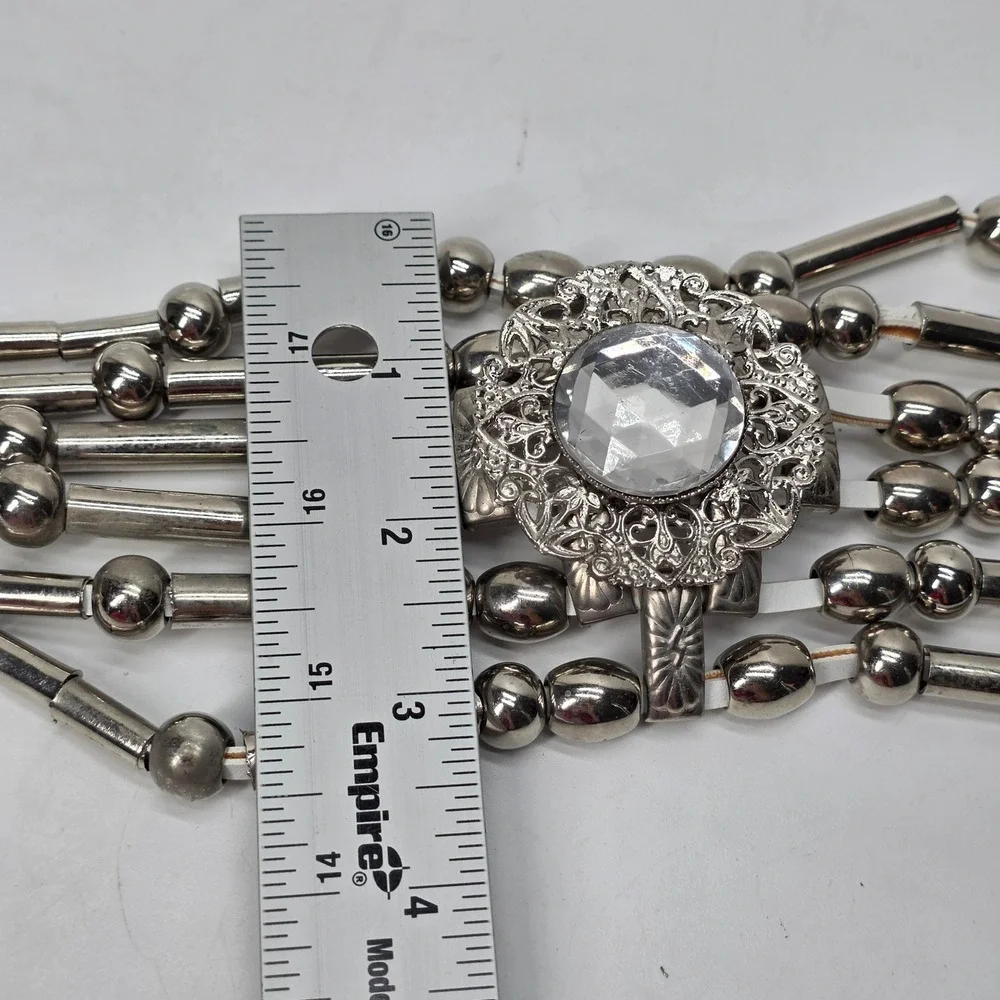 Vintage Chain Belt Rhinestone Beaded Studded Silver White Western Bling Festival